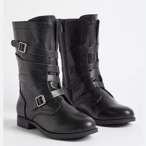 Torrid Mid Shaft Buckle Moro Boot Bootie - Faux Leather Black 9.5 WW Extra Wide